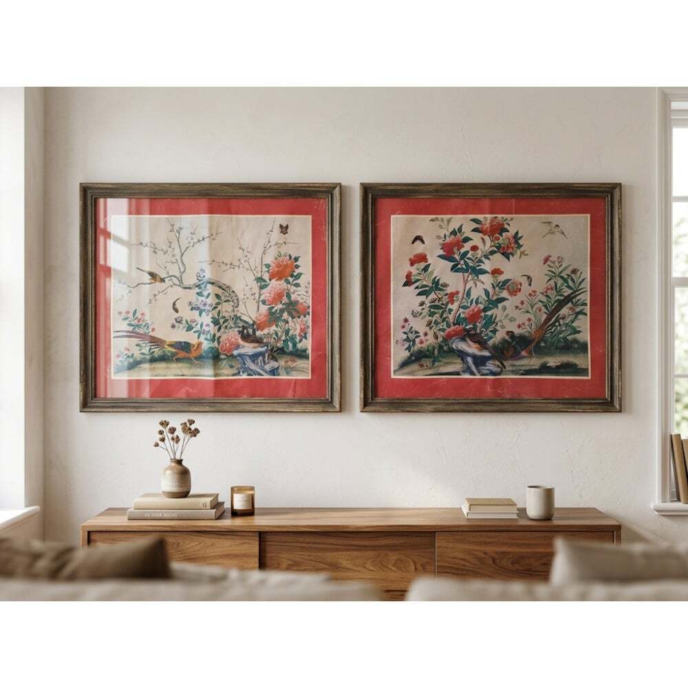 VTG Set of 2 Pheasants & Camellias V&A Art Chinoiserie Canvas Prints Wall Decor